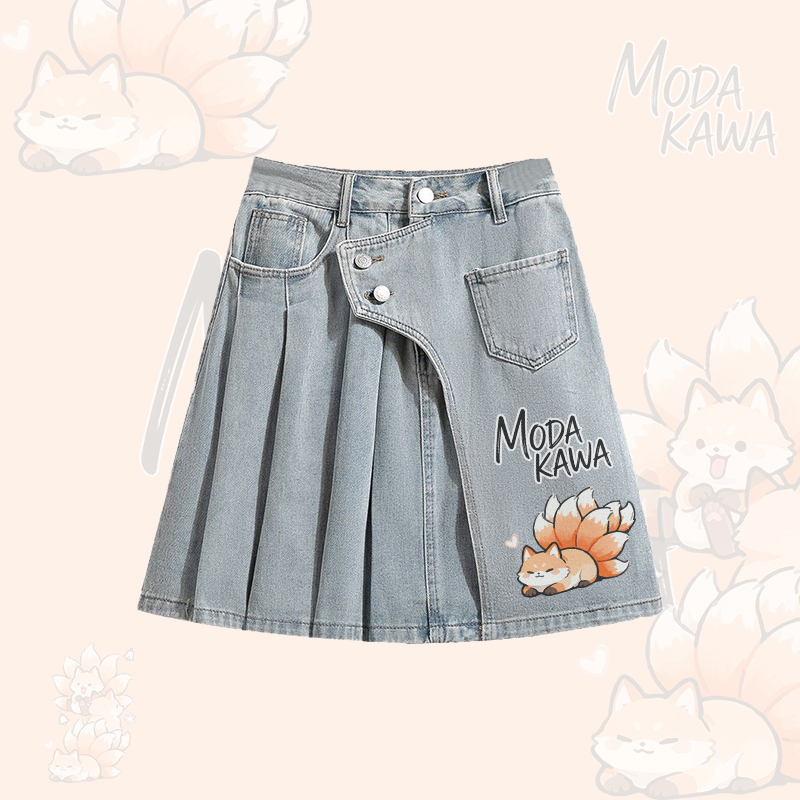 九尾の狐グラフィック入りオーバーサイズボタンアップシャツ、不規則なデニムプリーツスカート、Modakawaお揃いコーデ - Blue Skirt - XL - image 3