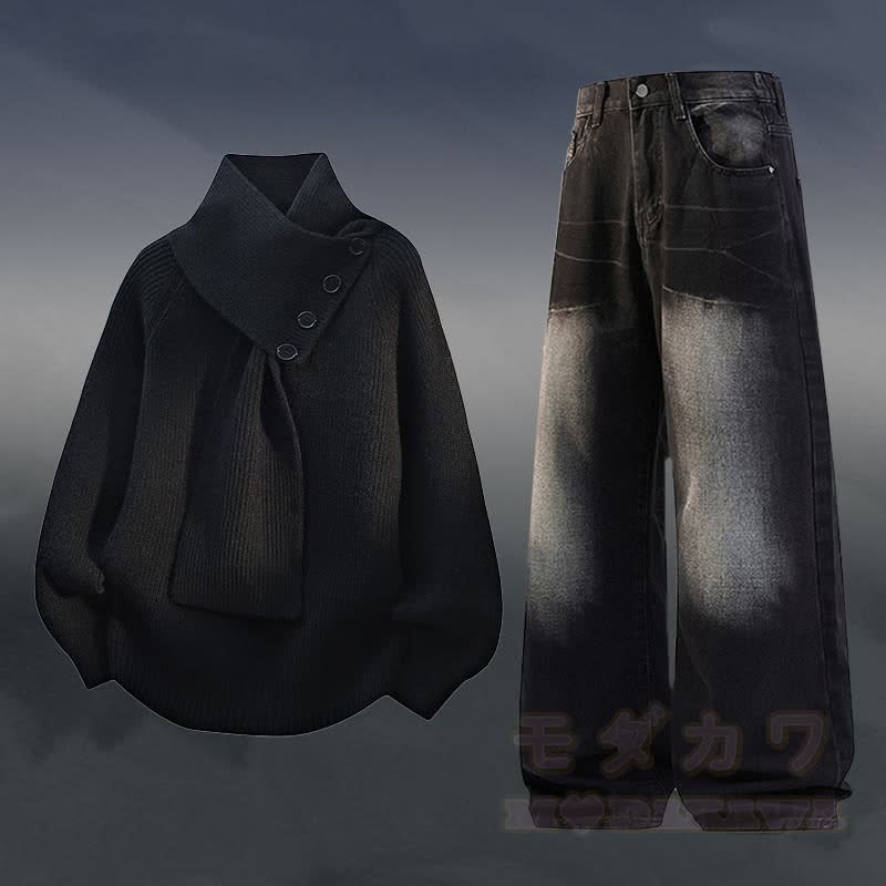 ニットフリース裏地セーターデニムパンツツーピース - セットE - 3XL - image 5