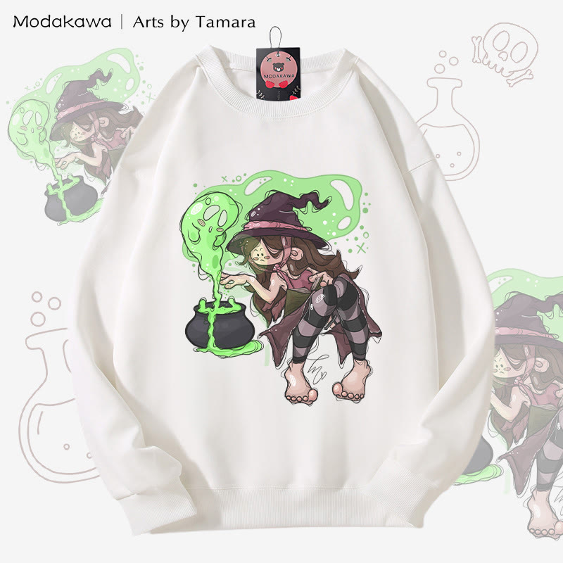 MODAKAWA X Arts by Tamara メイキングポーションウィッチ ハロウィン グラフィック ユニセックス スウェットシャツ - White - 5XL - image 3
