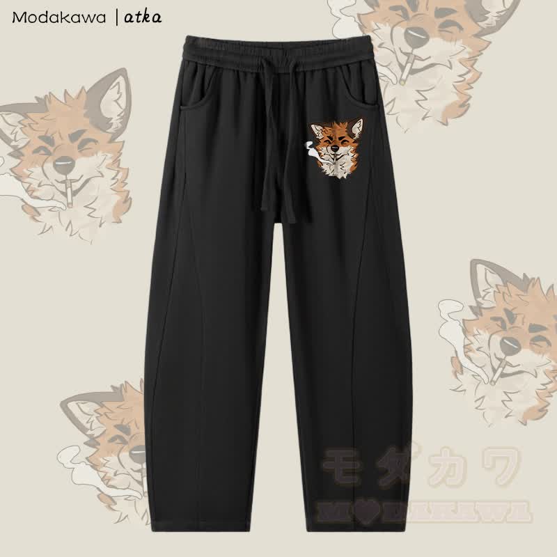 MODAKAWA X atka Fox スモーキンググラフィック メンズ ドローストリングパンツ - 黒 - 4XL - image 4