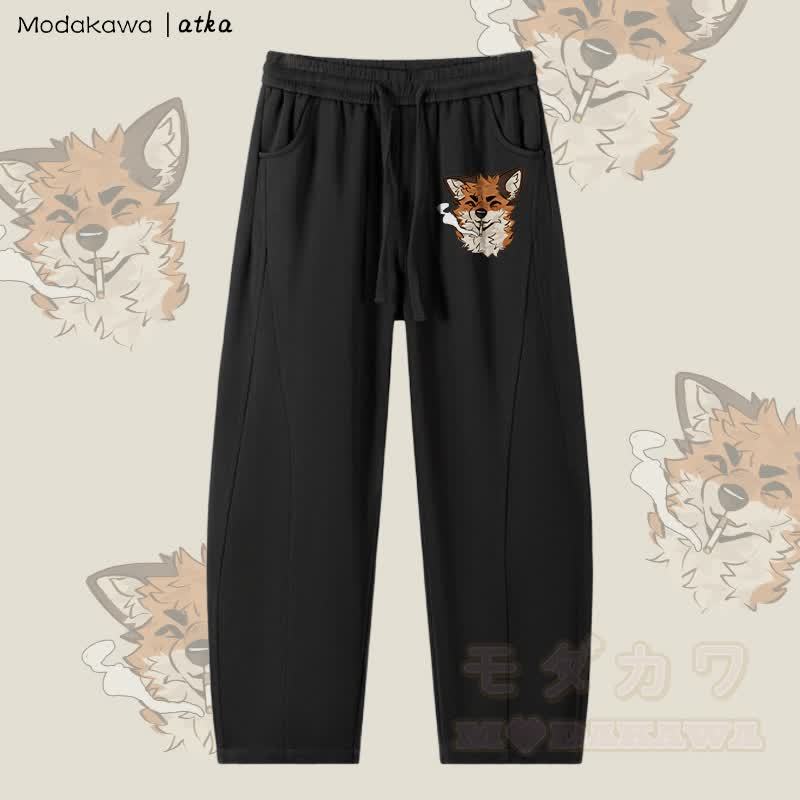 MODAKAWA X atka Fox スモーキンググラフィック メンズ ドローストリングパンツ - 黒 - 4XL - image 4