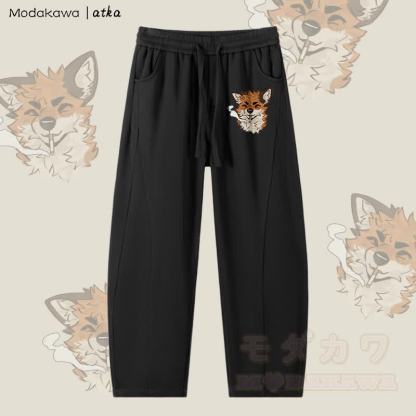 MODAKAWA X atka Fox スモーキンググラフィック メンズ ドローストリングパンツ - 黒 - 4XL - image 4