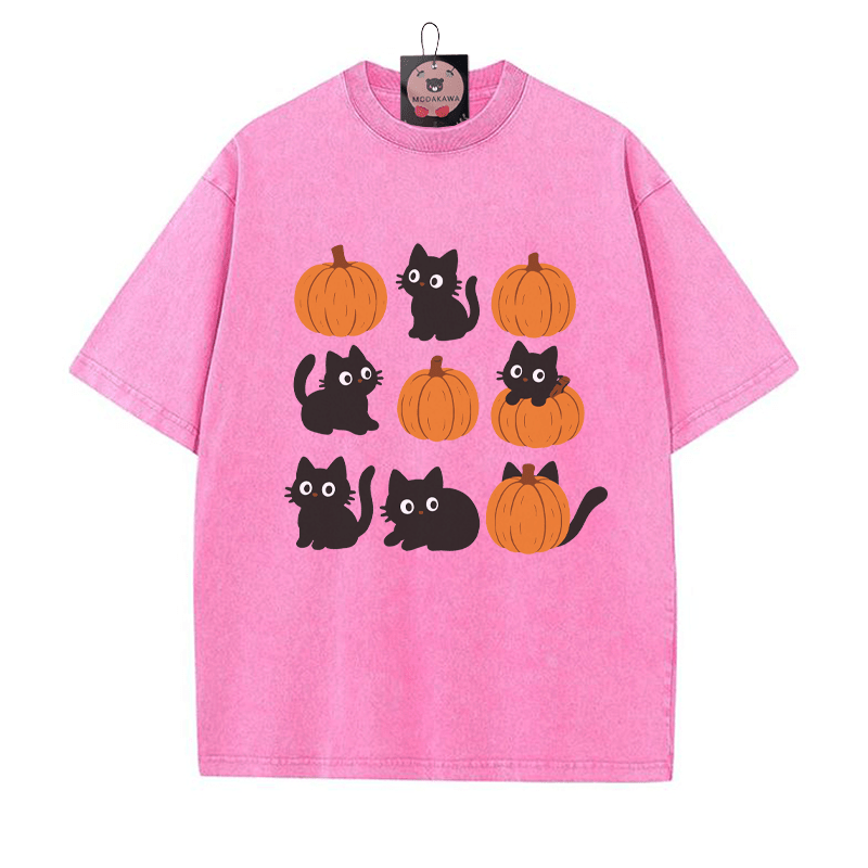 キティパンプキンプリント ヴィンテージウォッシュTシャツ - ローズレッド - 5XL - image 5