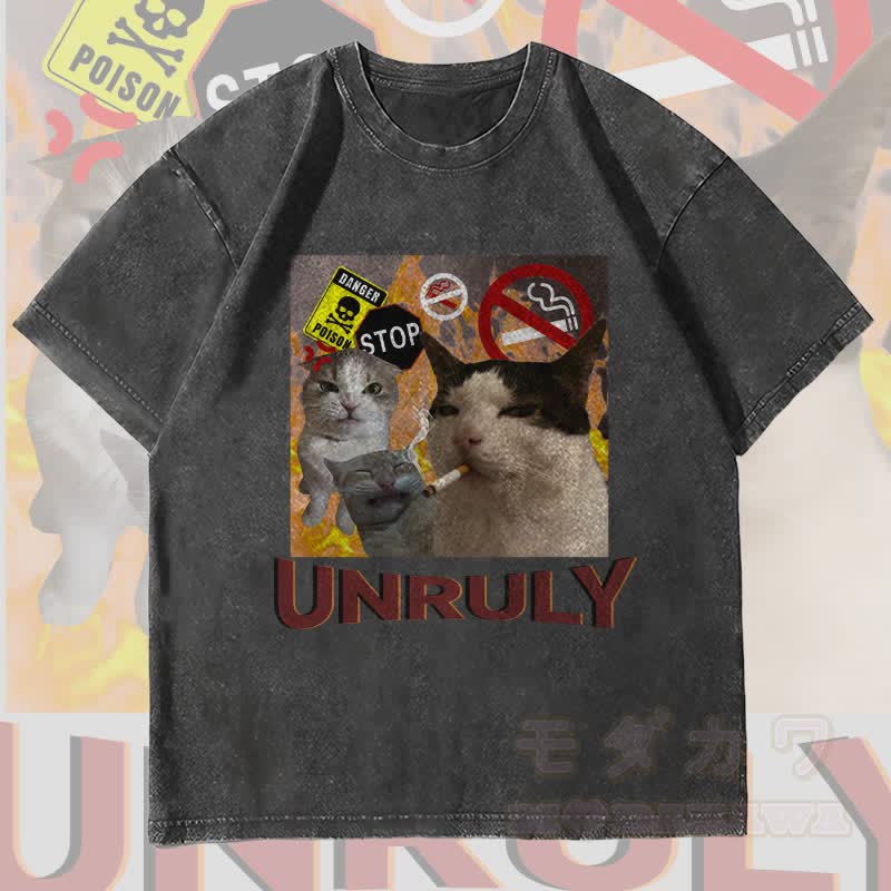 MODAKAWA UNRULY レベルキャット グラフィック ユニセックス ヴィンテージ ウォッシュド Tシャツ - 黒 - 4XL - image 4