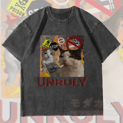 MODAKAWA UNRULY レベルキャット グラフィック ユニセックス ヴィンテージ ウォッシュド Tシャツ - 黒 - 4XL - image 4