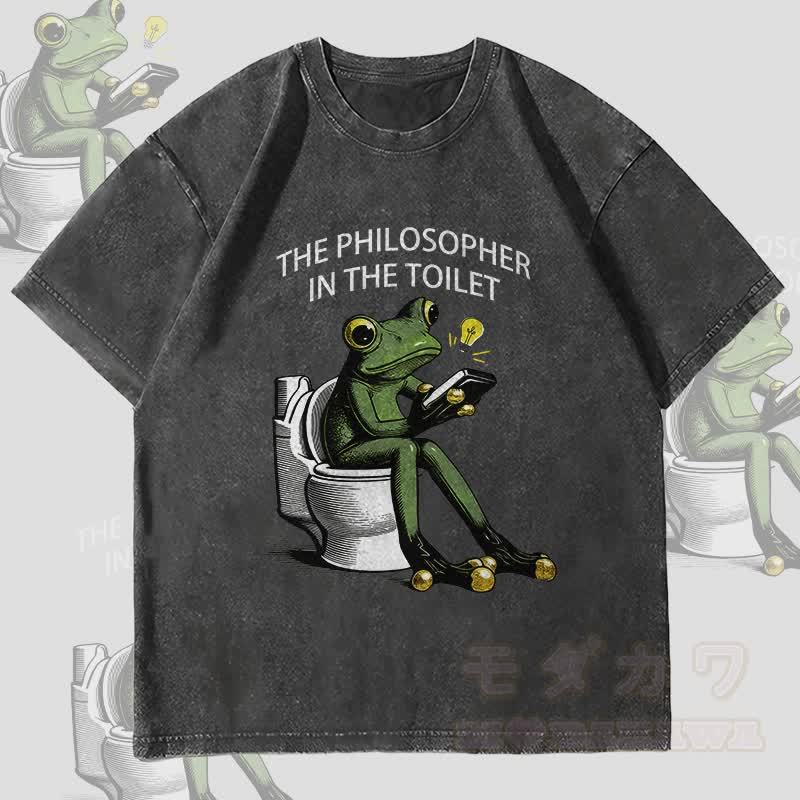 MODAKAWA トイレの哲学者 カエルグラフィック ユニセックス ヴィンテージウォッシュTシャツ - 黒 - 4XL - image 4