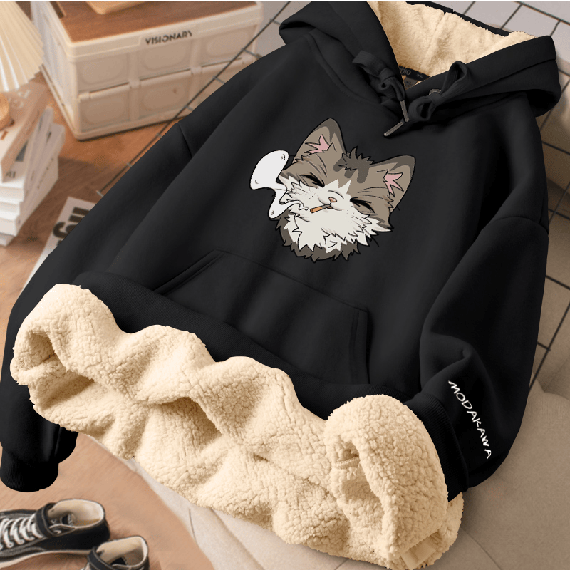 MODAKAWA スモーキングキャットグラフィック 厚手裏起毛冬パーカー - Black - 2XL - image 3