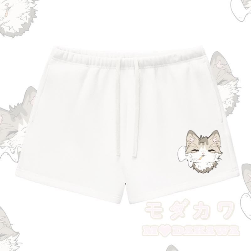 MODAKAWA スモーキングキャットグラフィック 厚手裏起毛ショートパンツ - 白 - L - image 4