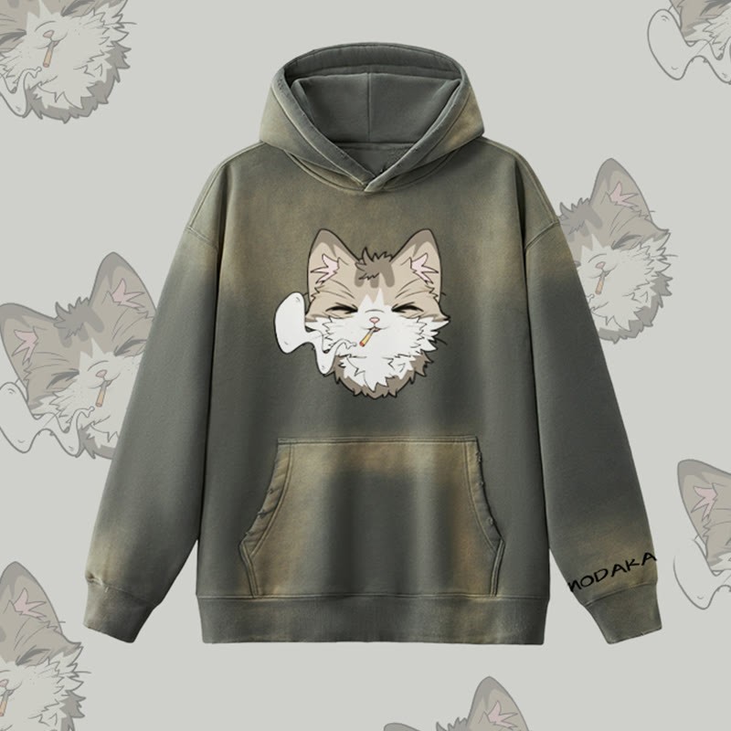 MODAKAWA スモーキングキャットグラフィック ヴィンテージウォッシュドフリース裏毛パーカー - Grey - 2XL - image 4