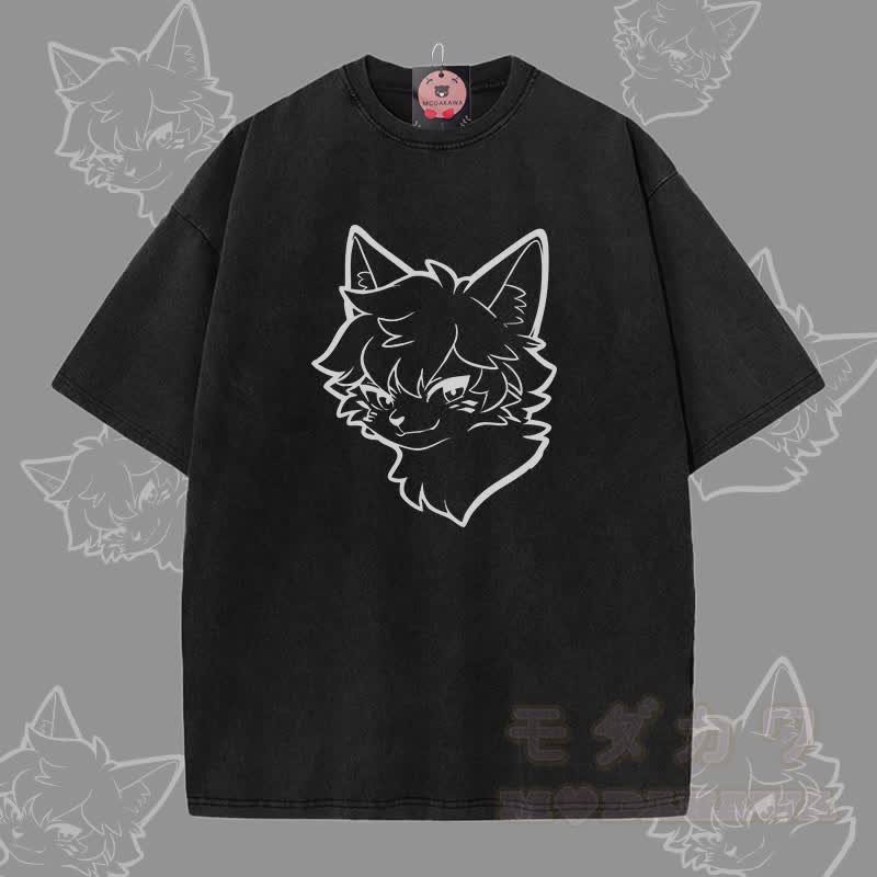 MODAKAWA クールフォックスボーイグラフィック ユニセックス ヴィンテージウォッシュTシャツ - 黒 - 5XL - image 3