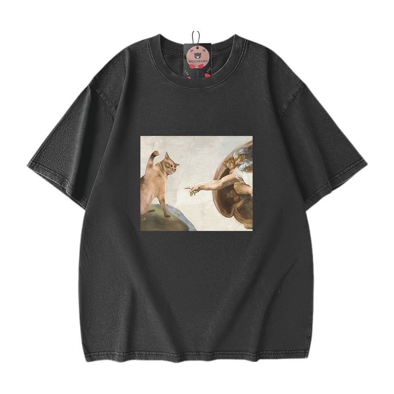 面白い猫のグラフィック入りModakawaユニセックス ヴィンテージウォッシュドTシャツ - Black - 5XL - image 2