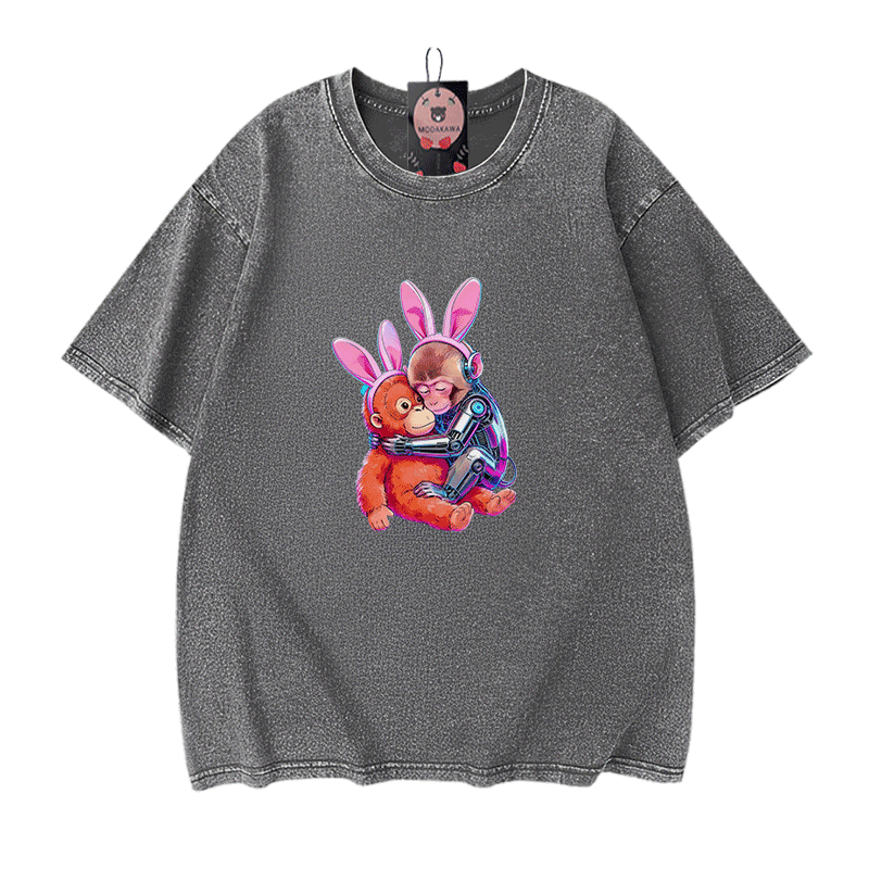 ハグするサイバーモンキー グラフィックModakawaヴィンテージウォッシュ100%綿Tシャツ - Grey - 5XL - image 9