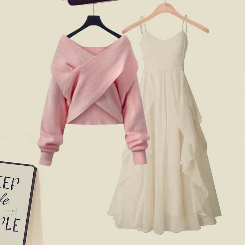 クロスニットセーターのフリルAラインスリップドレスとマッチングアウトフィット - Pink Sweater+Apricot Dress - XL - image 6