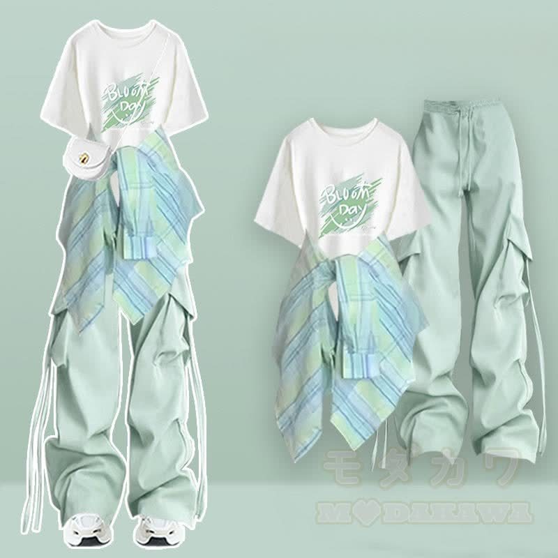 レターグラフィックTシャツとチェックシャツ、ワイドレッグパンツのマッチングコーデ - 3点セットF - XL - image 6