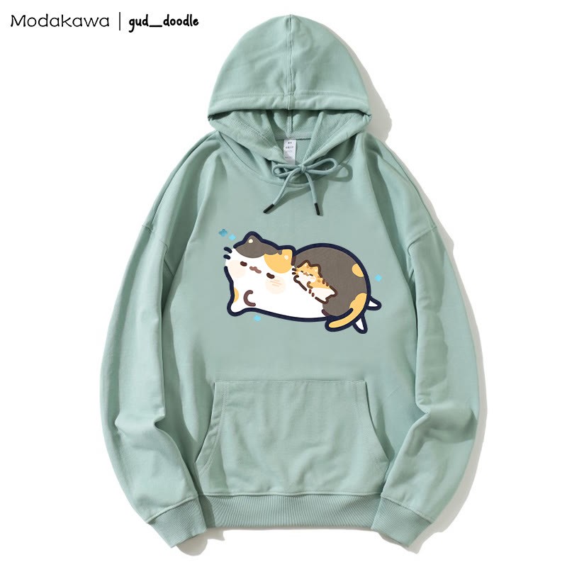 MODAKAWA X gud_doodleスリーピングキティプリント ルーズパーカー - Green - 5XL - image 8