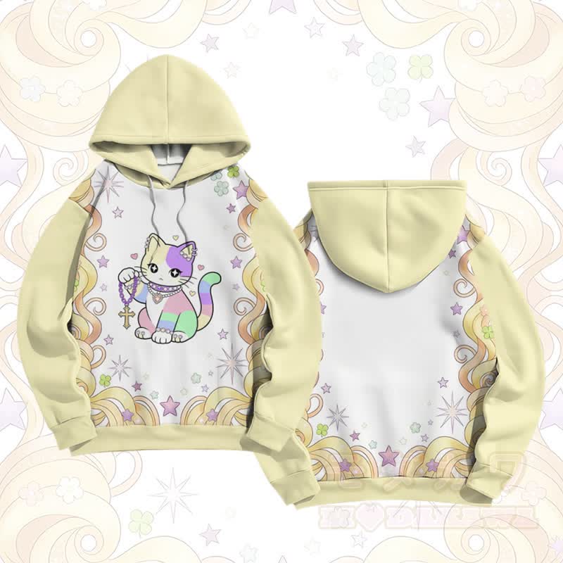 マキシマリストレインボーキャットグラフィックModakawaカラーブロックプルオーバーパーカー - 黄色 - 6XL - image 4