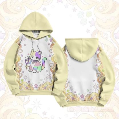 マキシマリストレインボーキャットグラフィックModakawaカラーブロックプルオーバーパーカー - 黄色 - 6XL - image 4