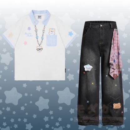 子犬柄ポロシャツと星柄デニムパンツのセット - セットC - XL - image 7