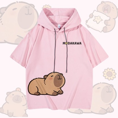 かわいいカピバラ柄のModakawa半袖パーカー - Pink - 3XL - image 5