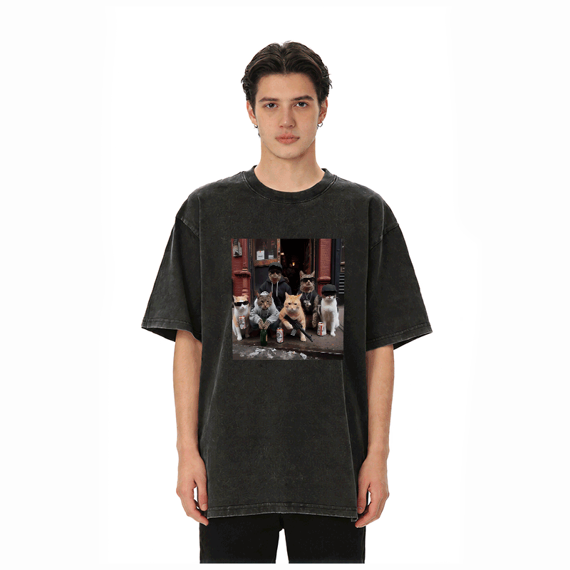 ストリートキャットクルー グラフィックModakawaユニセックス ヴィンテージウォッシュドTシャツ - image 3