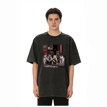 ストリートキャットクルー グラフィックModakawaユニセックス ヴィンテージウォッシュドTシャツ - image 3