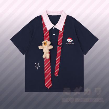 3Dベアストライプネクタイ、カラーブロックポロシャツ、ダメージデニムパンツ、Modakawaお揃いコーデ - 紫がかった青色のTシャツ - XL - image 6