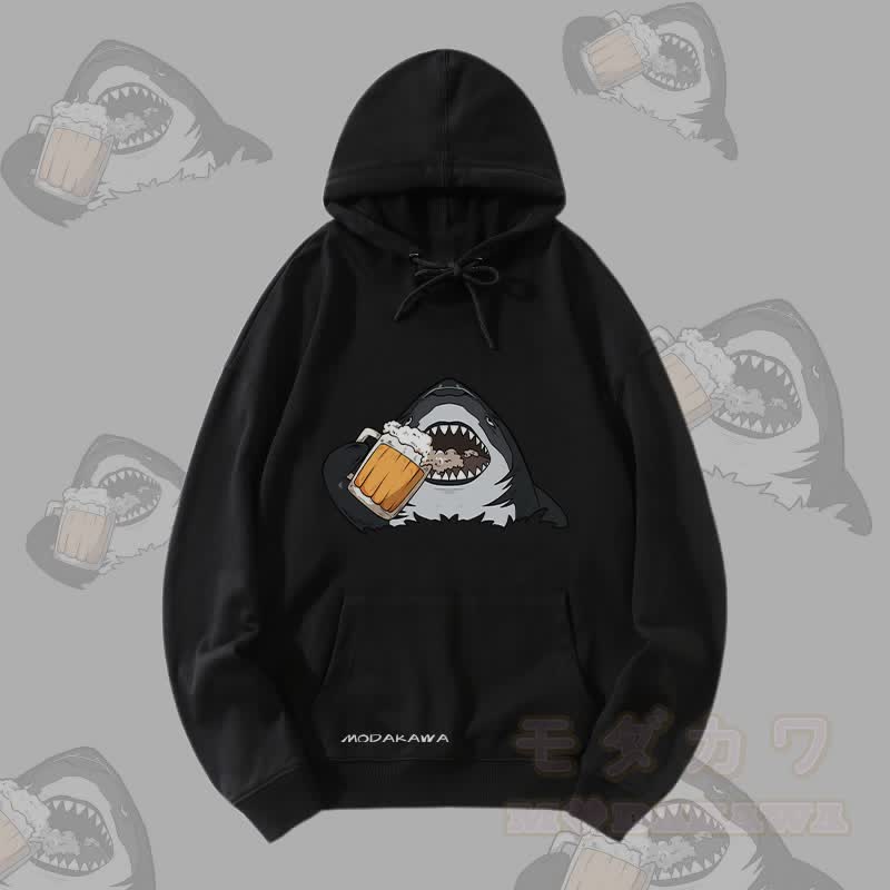 MODAKAWA ビールを飲むサメのグラフィック ストリートウェア プルオーバー パーカー - 黒 - 5XL - image 4