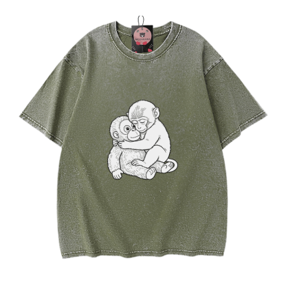 モンキーハグ グラフィックModakawaヴィンテージウォッシュ100%綿Tシャツ - Green - 5XL - image 8