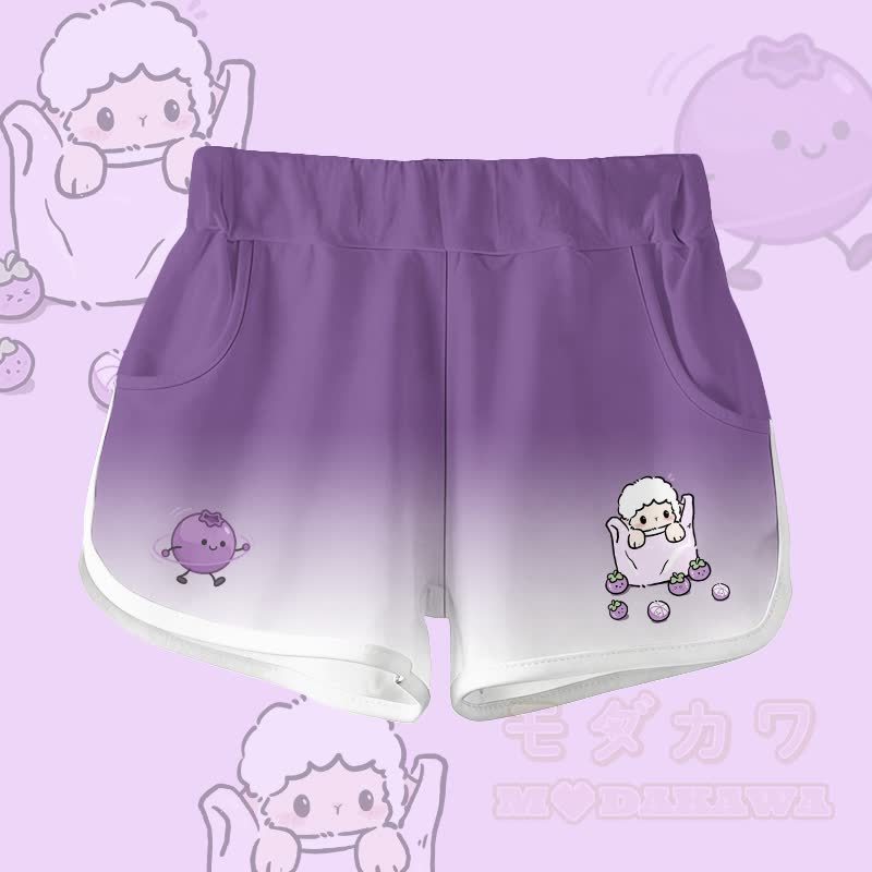 羊柄ブルーベリーグラフィック100%綿Tシャツ グラデーションショーツModakawaツーピースセット - 紫色のショートパンツ - 5XL - image 5