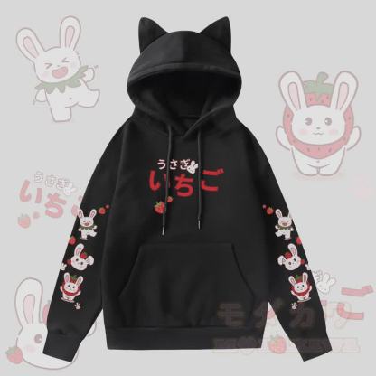 MODAKAWA ストロベリーバニー グラフィックポケット 裏起毛 猫耳パーカー - 黒 - 2XL - image 3