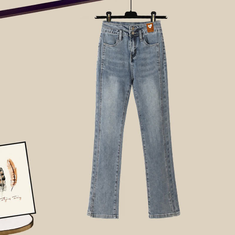 文字刺繍カーディガン、セーター、ラペルシャツ、デニムパンツのマッチング衣装 - Pants A - XL - image 7