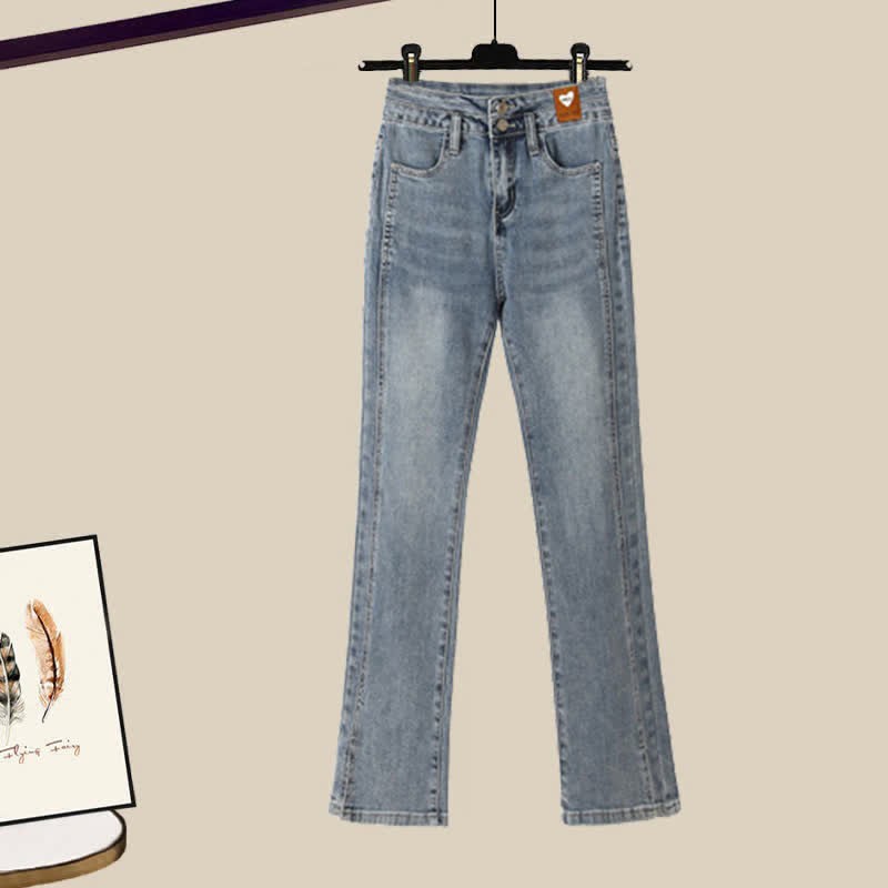 文字刺繍カーディガン、セーター、ラペルシャツ、デニムパンツのマッチング衣装 - Pants A - XL - image 7