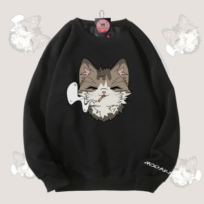 MODAKAWA スモーキングキャット グラフィック ユニセックス スウェットシャツ - Black - 5XL - image 4