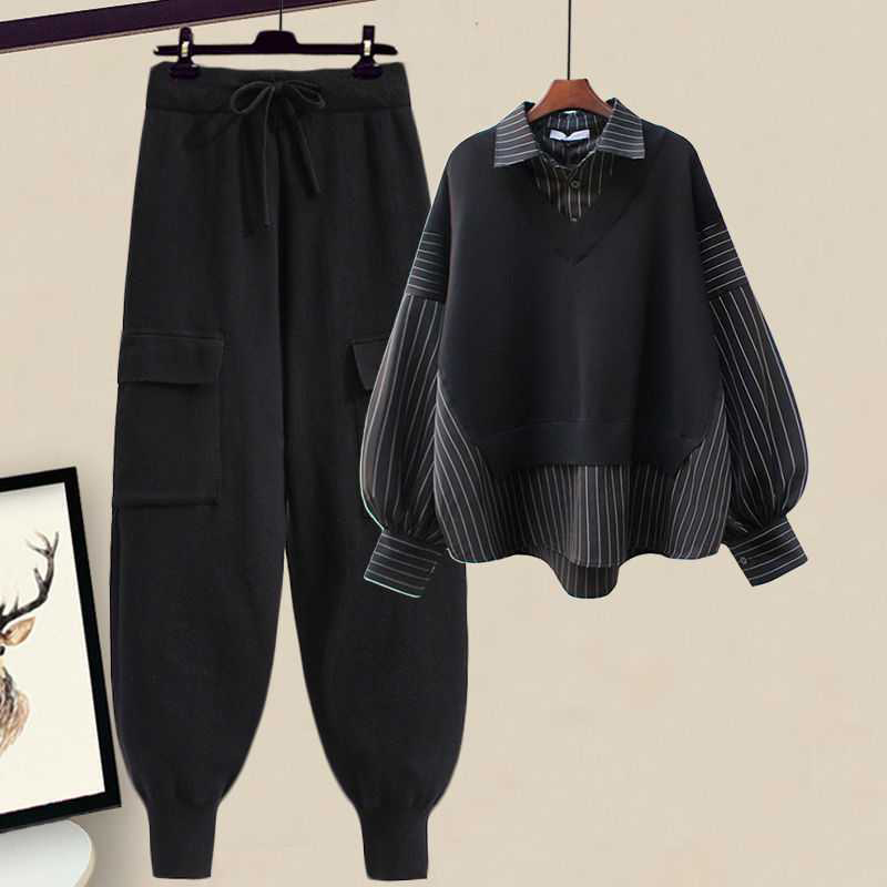 ストライプラペルシャツとレースアップパンツのカジュアルマッチングアウトフィット - Black Shirt+Black Pants - 4XL - image 3