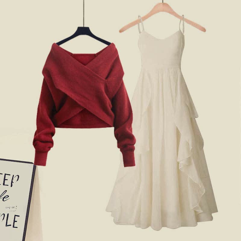 クロスニットセーターのフリルAラインスリップドレスとマッチングアウトフィット - Red Sweater+Apricot Dress - XL - image 10