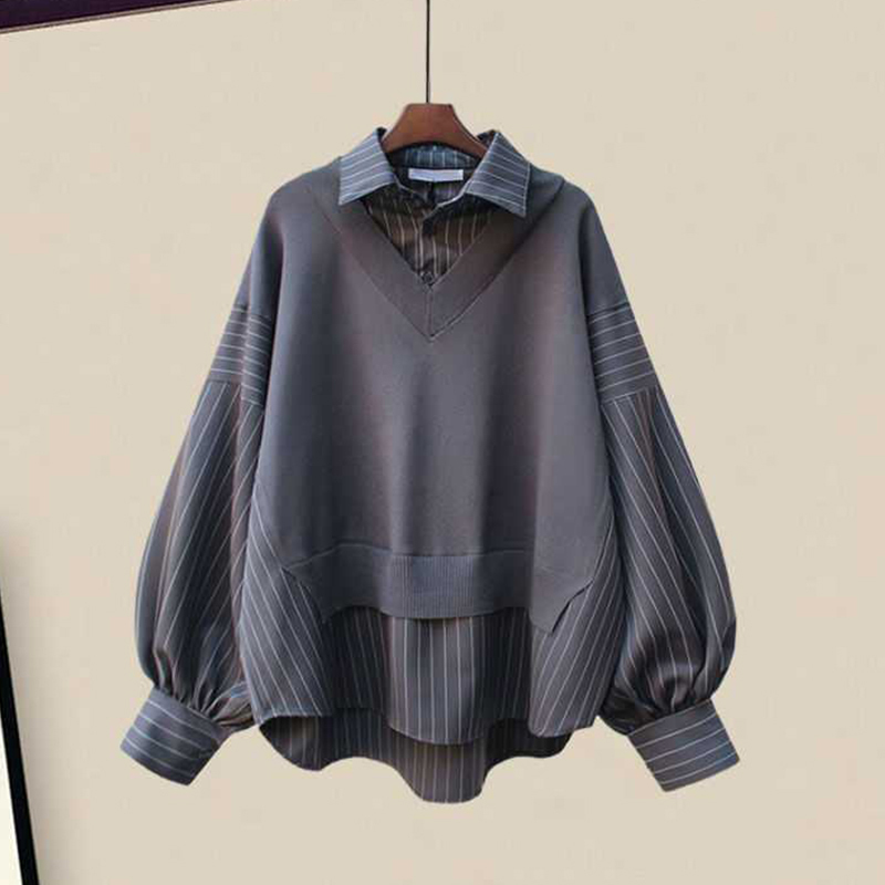 ストライプラペルシャツとレースアップパンツのカジュアルマッチングアウトフィット - Gray Shirt - 4XL - image 5