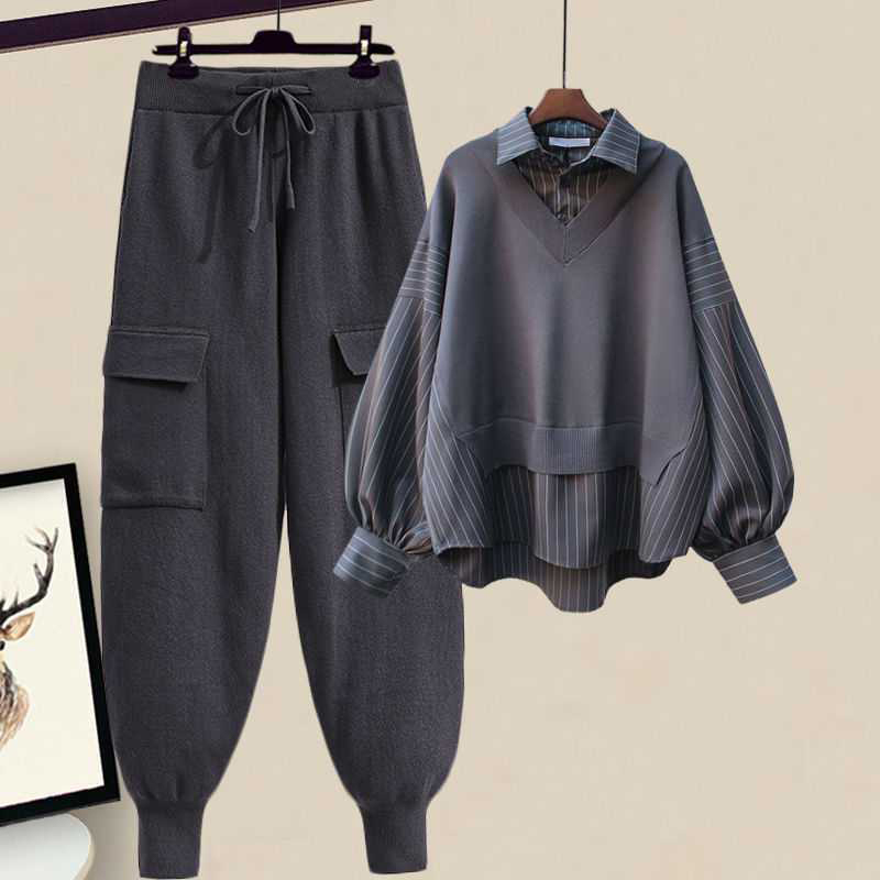 ストライプラペルシャツとレースアップパンツのカジュアルマッチングアウトフィット - Gray Shirt+Gray Pants - 4XL - image 2