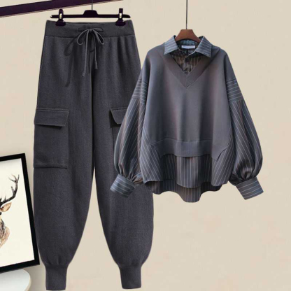 ストライプラペルシャツとレースアップパンツのカジュアルマッチングアウトフィット - Gray Shirt+Gray Pants - 4XL - image 2