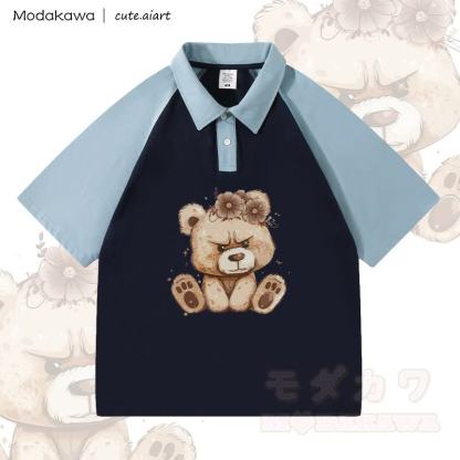 MODAKAWA × cute.aiart クマ柄100%綿ポロシャツ - 青と紫がかった青 - 4XL - image 3