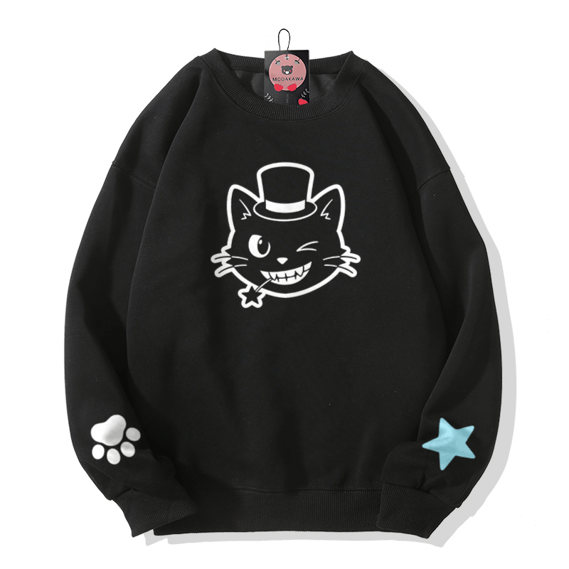 猫の帽子グラフィック入りModakawaスウェットシャツ - Black - 5XL - image 2