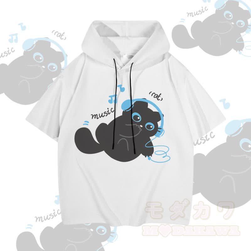 MODAKAWA 音楽を聴く猫のグラフィック半袖パーカー - 白 - 3XL - image 3