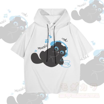 MODAKAWA 音楽を聴く猫のグラフィック半袖パーカー - 白 - 3XL - image 3