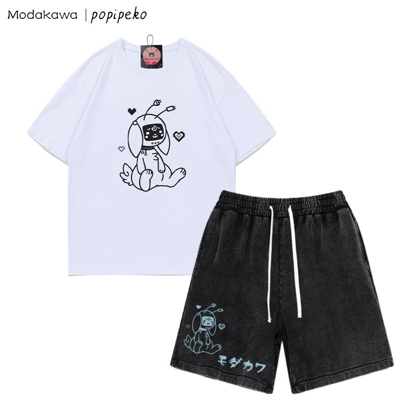 ロボットバニー グラフィックTシャツ ヴィンテージウォッシュドショーツ 2点セット - White&Black - 3XL - image 9