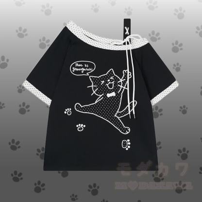 水玉模様の猫柄ワンショルダーTシャツとギンガムチェック柄ショートパンツのセット - 黒のTシャツ - L - image 3
