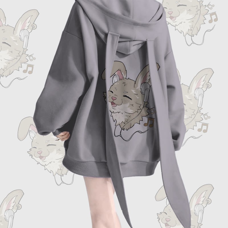 MODAKAWA ナビ 音楽を聴くグラフィック ロング ウサギ耳 ポケット ジッパー フード付き スウェットシャツ - Grey - 2XL - image 4