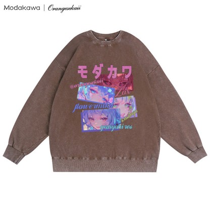 MODAKAWA X orangesekaii ユニセックス ヴィンテージ ウォッシュド スウェットシャツ ザックス フラワーミク キツニャ ガニュヒレス グラフィック クルーネック プルオーバー - 茶色 - 3XL - image 4