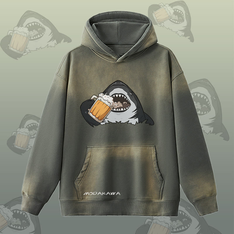 MODAKAWA ビールを飲むサメのグラフィック ヴィンテージウォッシュ加工裏起毛パーカー - Grey - 2XL - image 2
