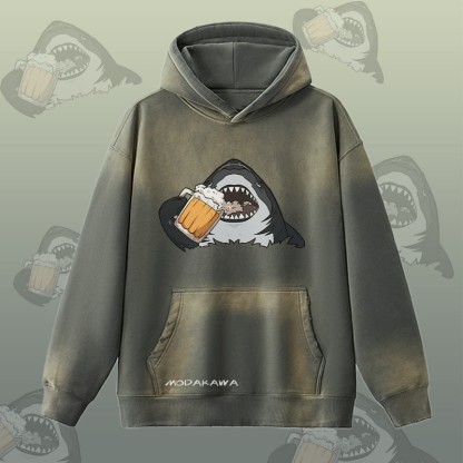 MODAKAWA ビールを飲むサメのグラフィック ヴィンテージウォッシュ加工裏起毛パーカー - Grey - 2XL - image 2