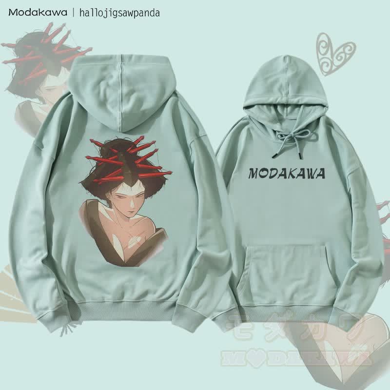 MODAKAWA X Hallo レッドヘアピン アニメガール グラフィック ストリートウェア プルオーバー パーカー - 緑 - 5XL - image 3