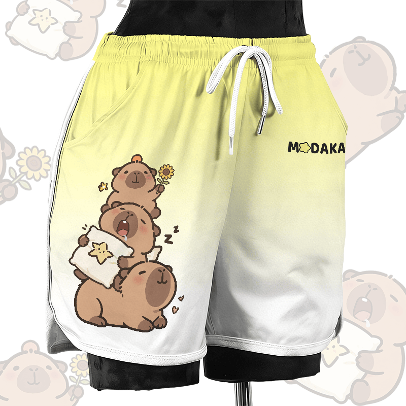 かわいいカピバラ柄のModakawaカジュアルショーツ - Yellow - 4XL - image 5
